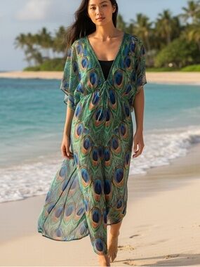 Peacock Print Maxi Kimono Dress Sheer Swim Beach Cover Caftan Tall Resort Hawaii